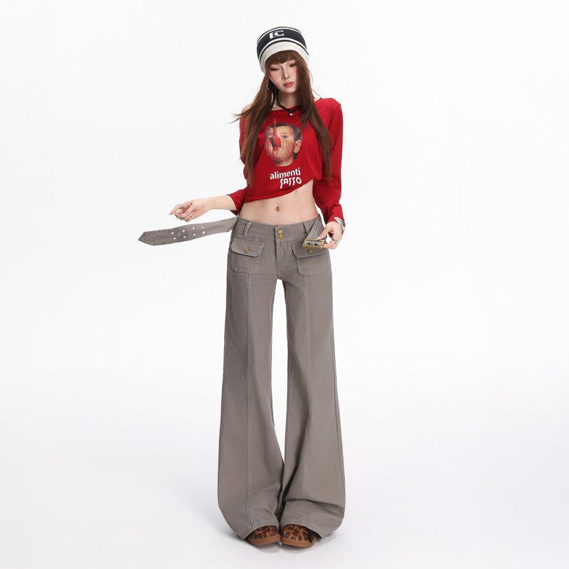 Gray Low-Rise Wide Cargo Pants