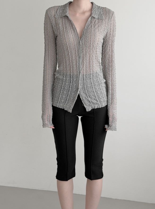 mnem（ムネム）の「Lay See-through Embossed Lace Cardigan（Tops）」