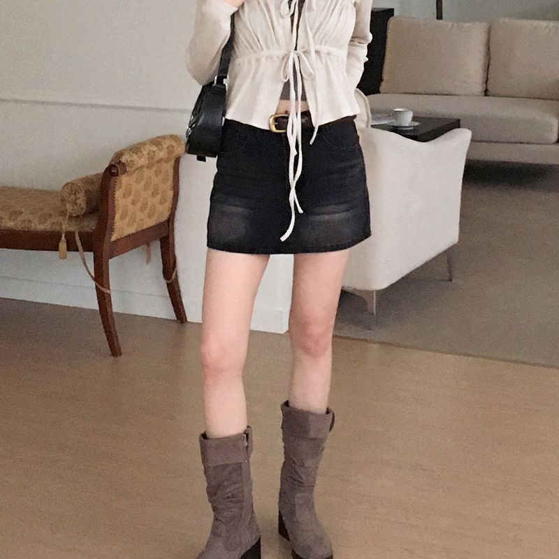 [Belt set] Jerik vintage washed denim mini skirt