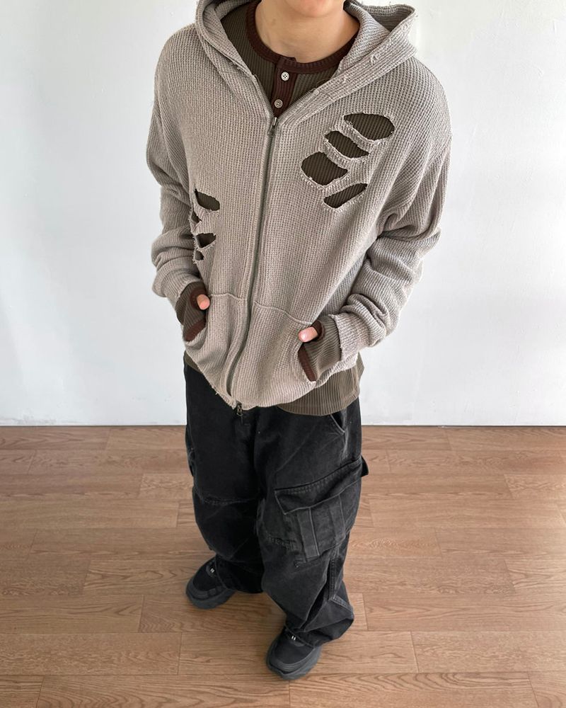 Broken Knit Hooded Zip-Up