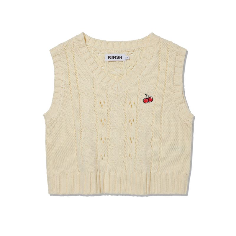 SMALL CHERRY CABLE CROP KNIT VEST [IVORY]
