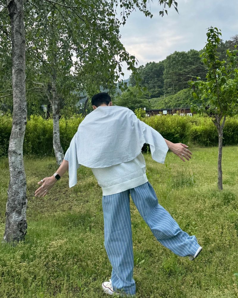 リネンストライプバンドパンツ