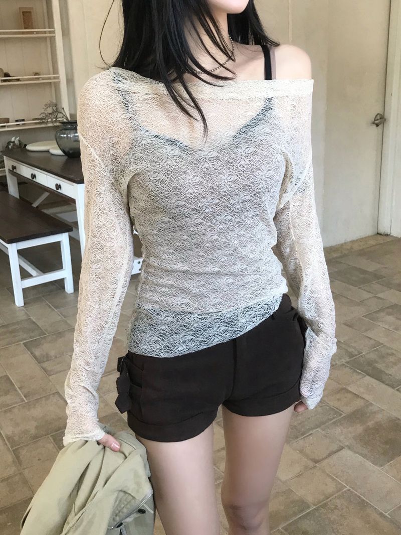 Sandmarine Drape See-through Lace Slim Tee&Sleeveless SET