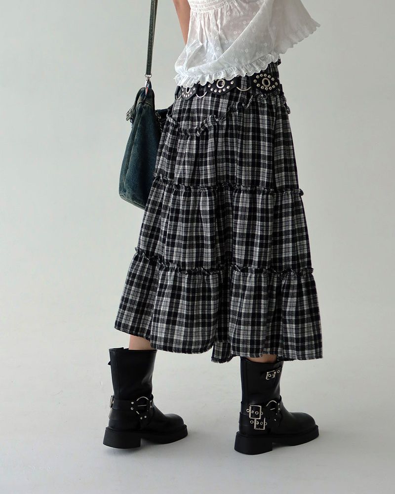 Morigirl Vintage Checkered Long Skirt