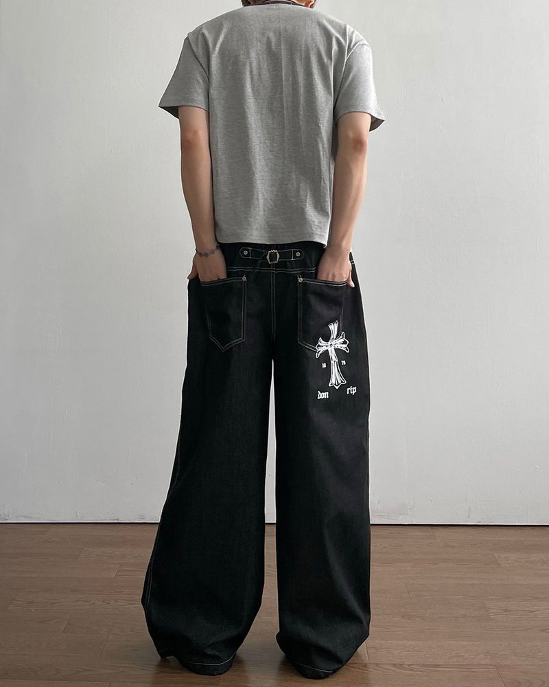 Cross Printing Denim Pants