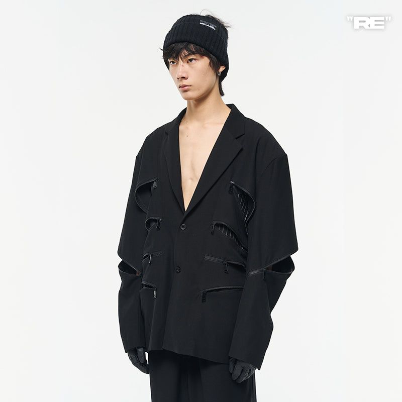RELABEL（リレーベル）の「RELABEL Black Multi-Zipper Placket Structure With Exposed Pockets, Loose and Casual Suit（Jackets/Outerwear）」