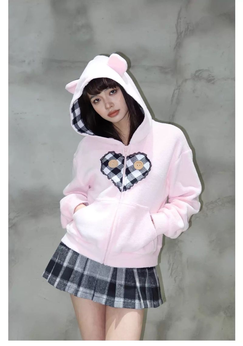 eat me plz（イート ミー プリーズ）の「EatmePlz Newjeansヘリン ピンクベアハートフーディージャケット（トップス）」