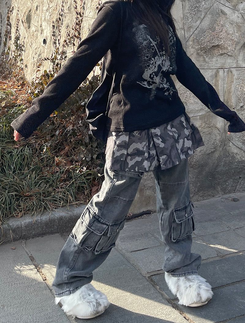 Pocket Camo Pleats Skirt