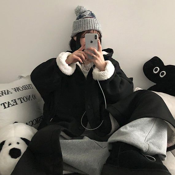 Jeanne Fur Wool Lining Big Boxy Hooded Coat