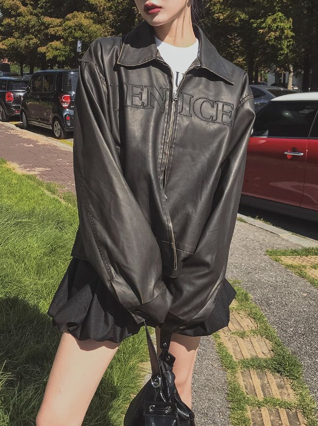 Mark Lettering Two Way Leather Jacket