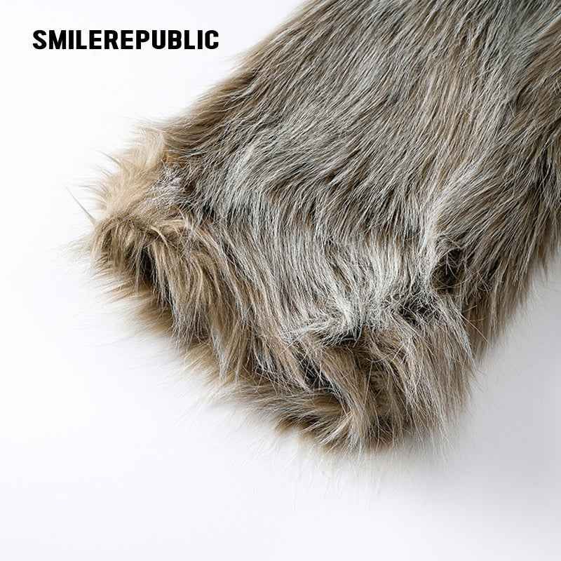 Women's Acrylic Blend Faux Fur Cropped Zip Jacket with Embroidered Back Logo, Casual Winter Outerwear