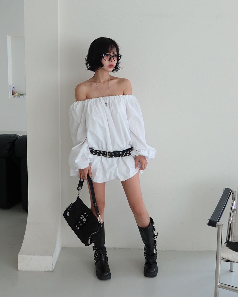 Pumpkin Balloon Off-Shoulder Long Blouse & Mini Dress