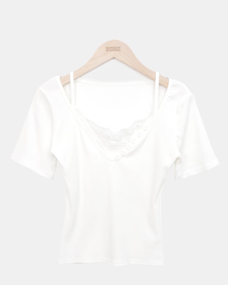 ジュヒン レース ボタン ショートスリーブ Tシャツ