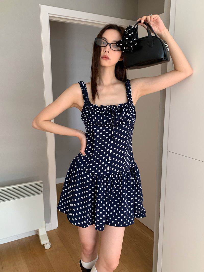 Navy Dotted Square Neck Flared Dress