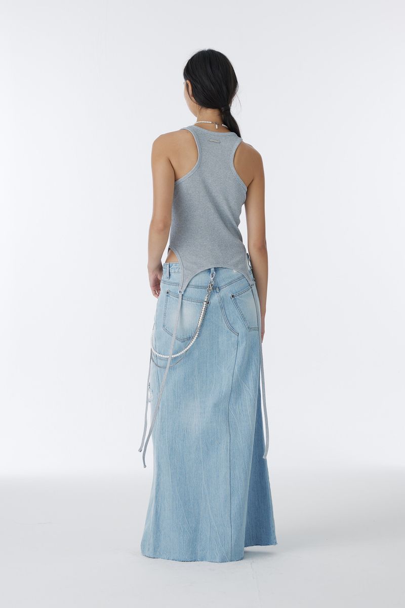 DAMAGED LONG DENIM SKIRT (BLUE)