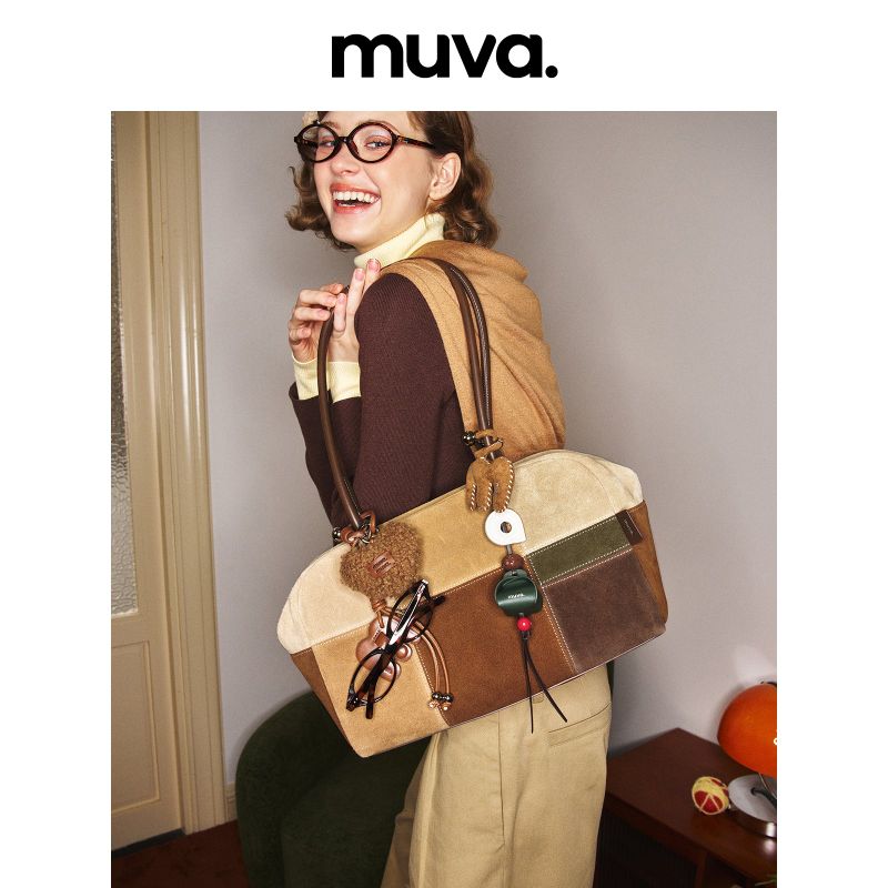 muva. Cowhide‑Velvet Color‑Block Boston Shoulder Bag, Large‑Capacity Premium‑Feel Niche Autumn‑Winter Purse, New Arrival Dec 19