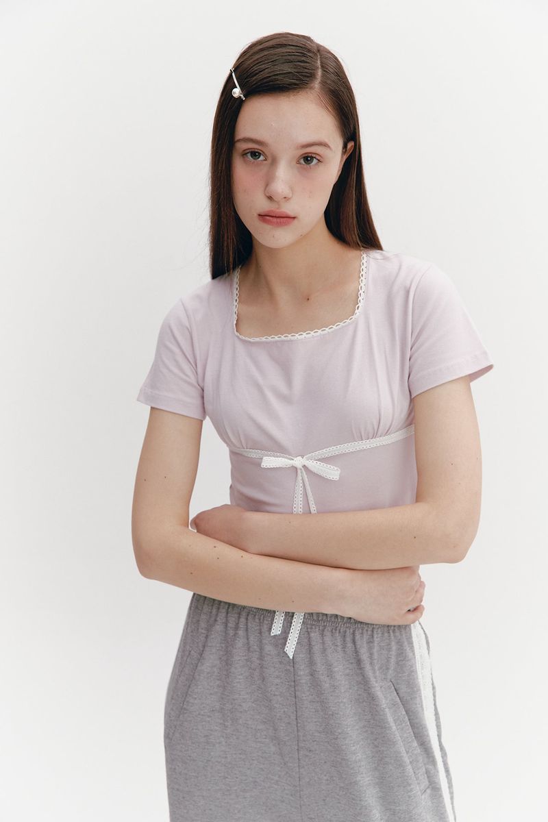 Lace Ribbon Shirring Top Pink