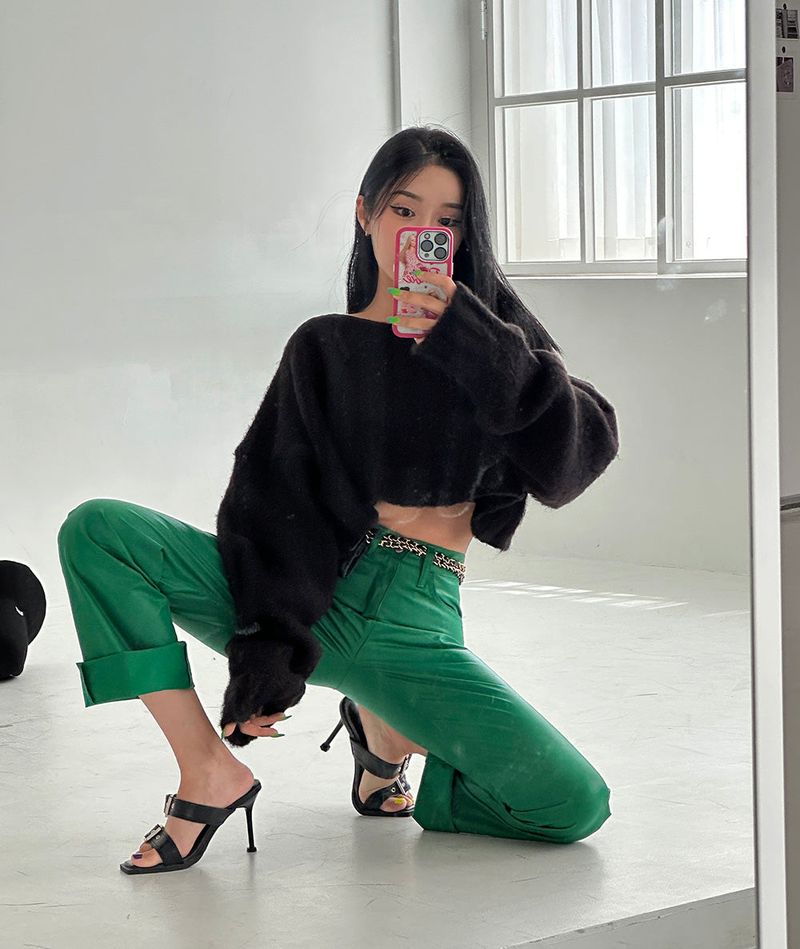 leather coated straight pants