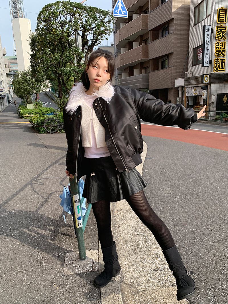 RIBBON FLARE LEATHER MINI SKIRT (2C)