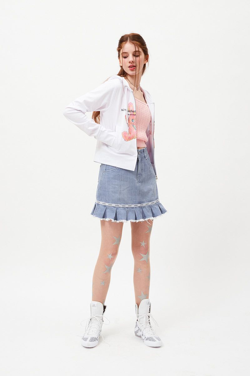 WITTY BUNNY SPLIT GRAPHIC CROP HOODIE ZIP UP [WHITE]
