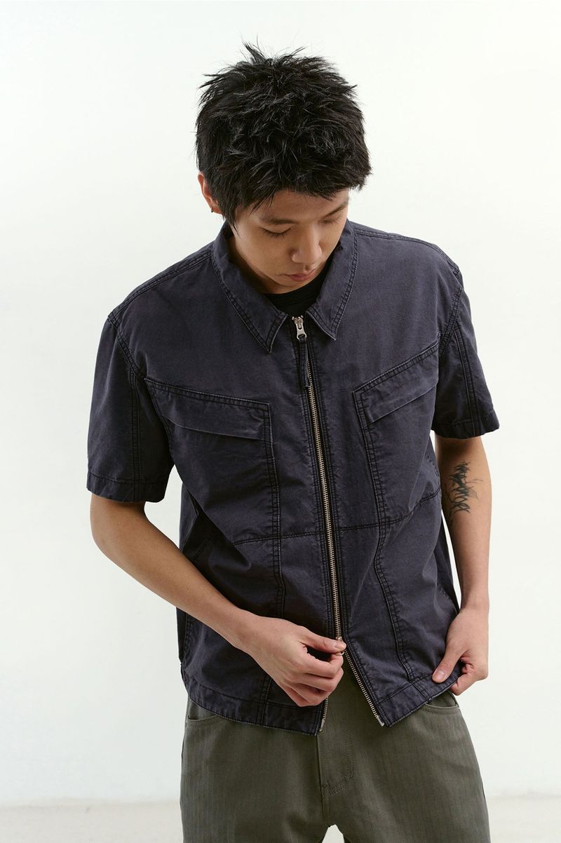 Vintage Washed Flap Pockets Work Shacket (Washed Charcoal)