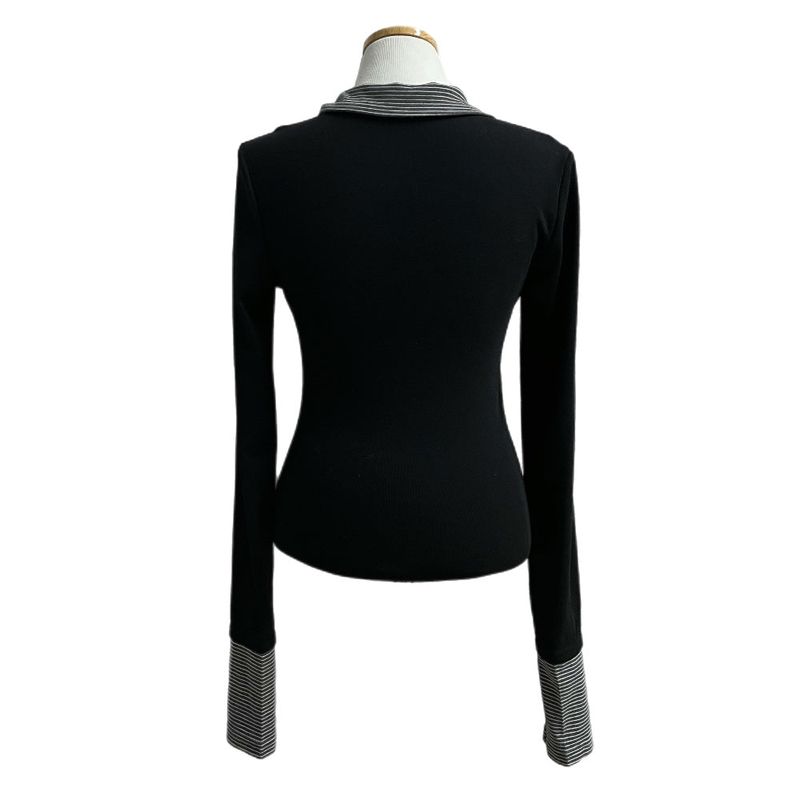 Mono High-neck Button Stripe Contrast Long Sleeve Top