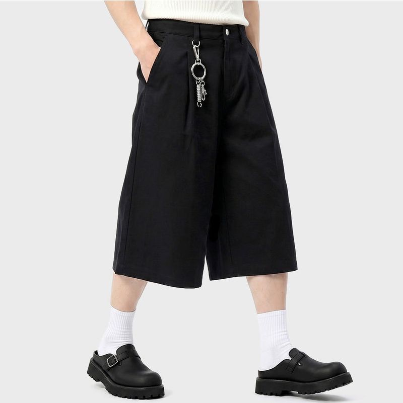 Wide Cotton Pleated Bermuda Shorts Black
