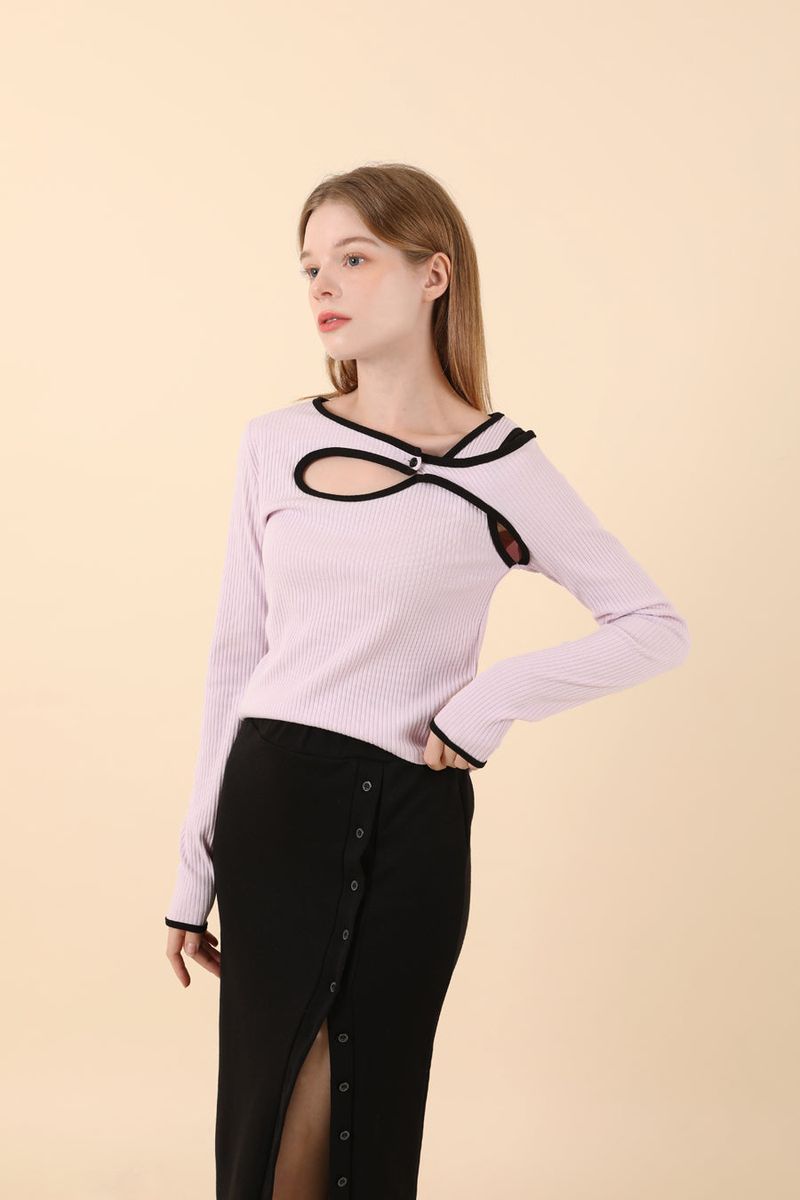 Line Contrast Slim T-shirt Purple