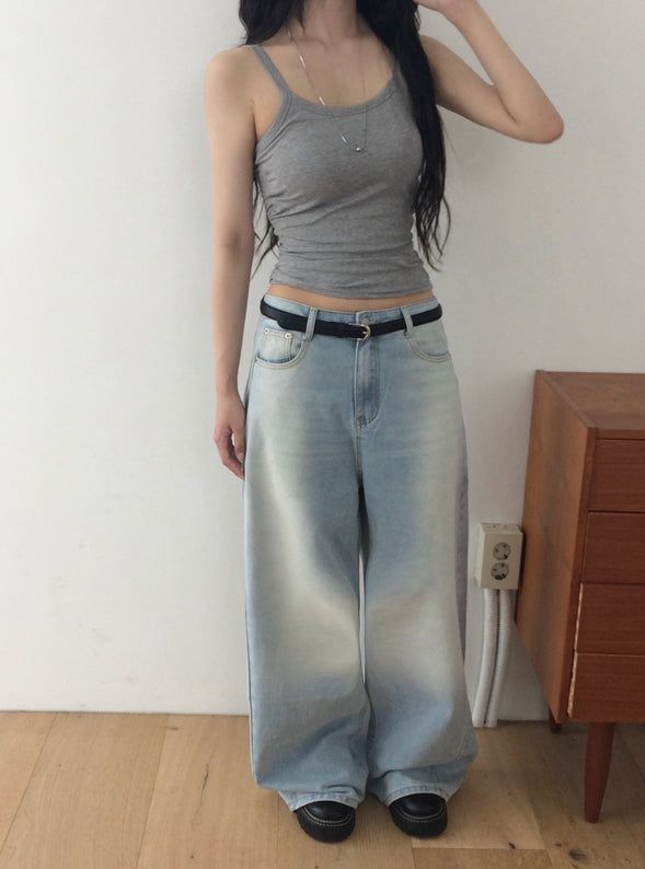 Bomshu Wide Washing Denim Long Pants