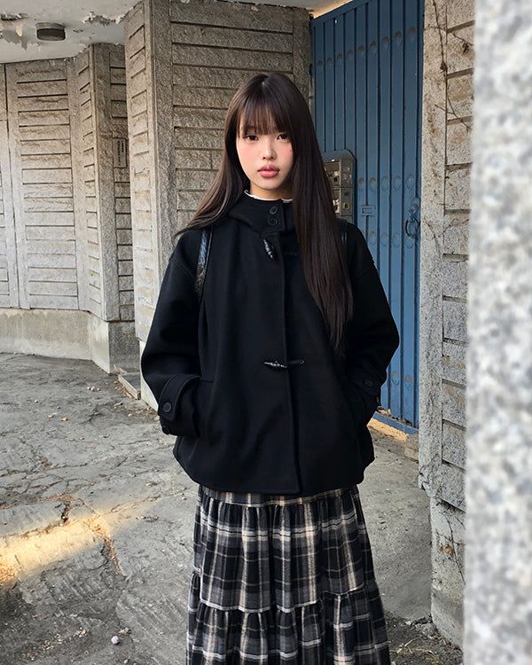 Huen High-Neck Duffle Oversized Wool Hooded Midi Coat