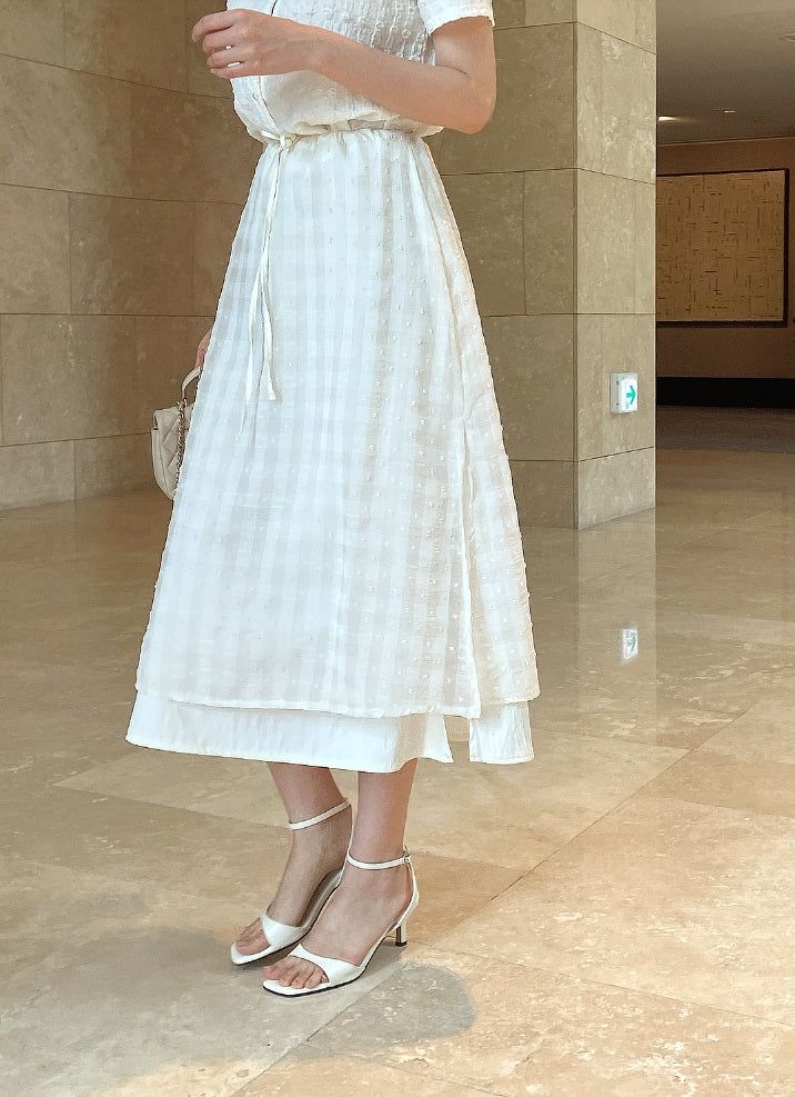 Digen Check Dot String Layered Long Skirt