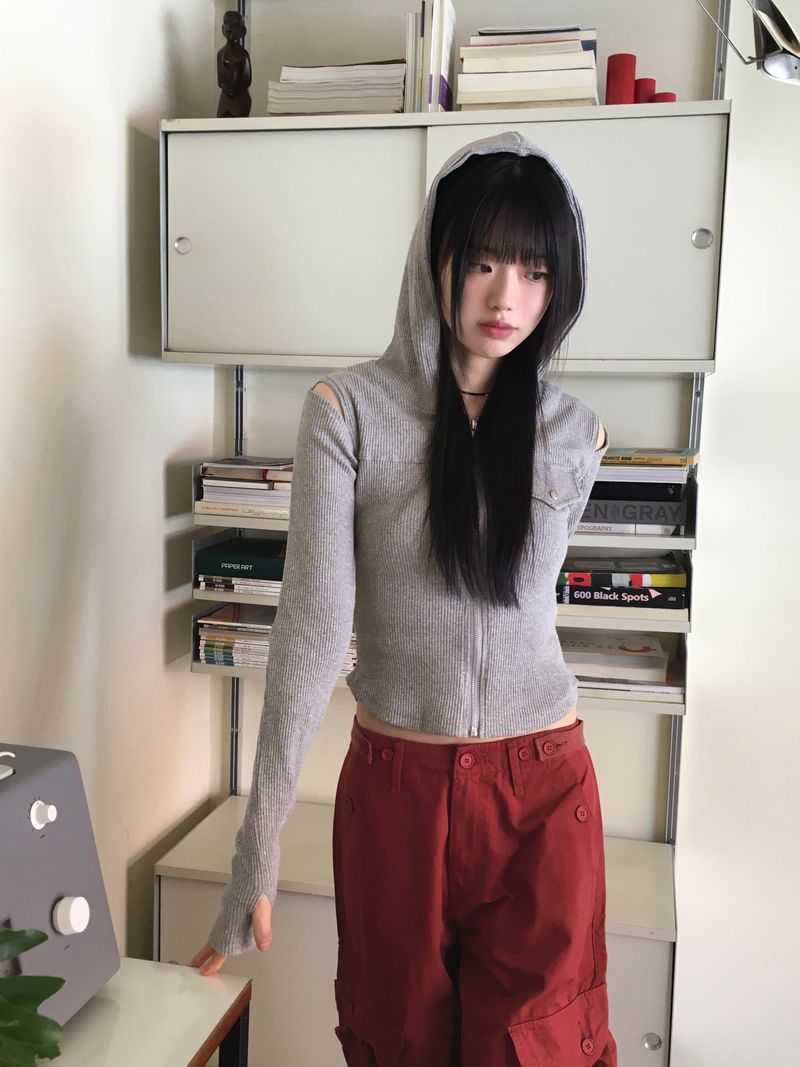 ムンドショルダースリーブスリットカットアウトウォーマーリブフードジップアップ