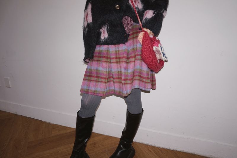 wool checkered midi wool skirt