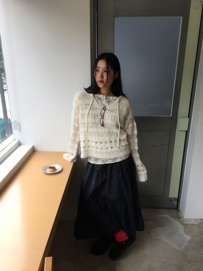 Maroon check long skirt (2color)