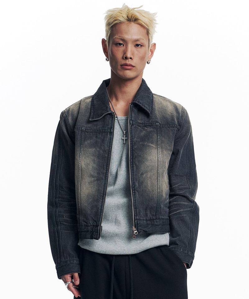 Washed Crop Track Denim Jacket - Black