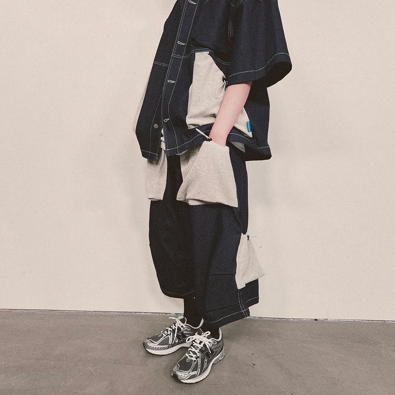 reverse terry pocket denim capri shorts_blue