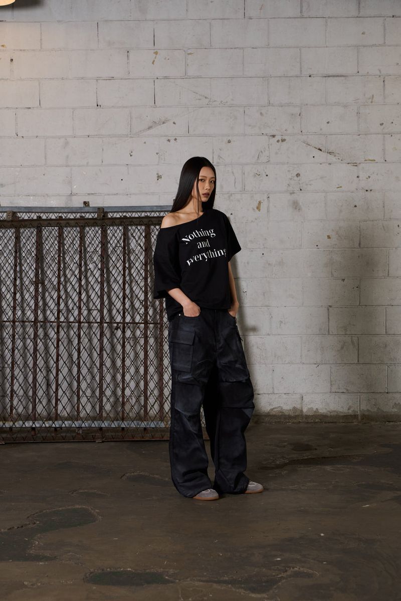 Dirty Washed Wide Cargo Denim Pants - Black