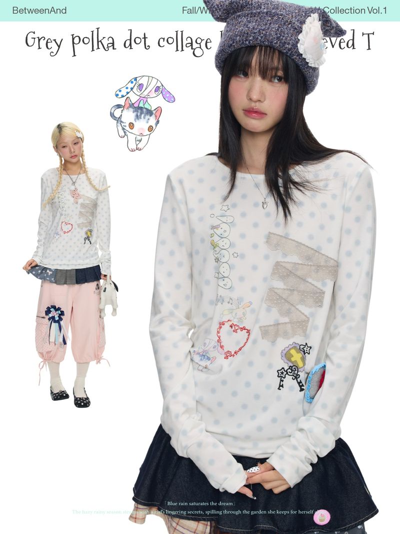 BETWEENAND（ビトゥウィーンアンド）の「BETWEENAND オータム ホワイトドット レーストリム ロングスリーブ Tシャツ（トップス）」
