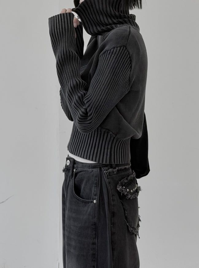 Hard high-neck washed knit zip-up
