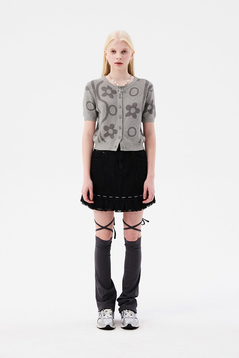 CHERRY JACQUARD PATTERN SHORT SLEEVE CARDIGAN [MELANGE GRAY]