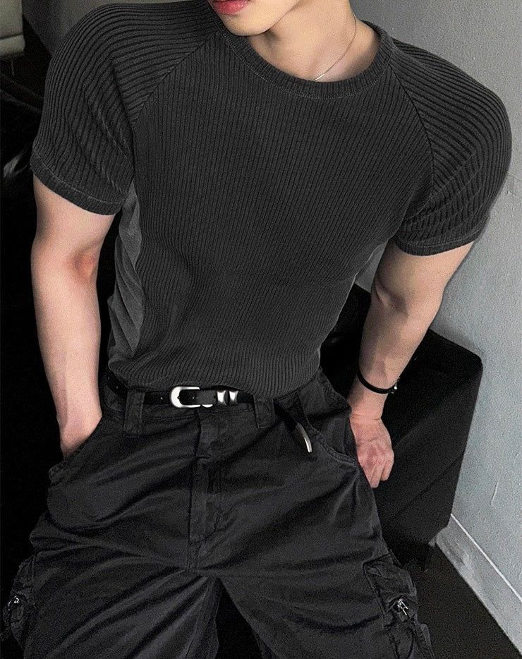 COSYHARU(コシハル)の「Pigment Color Block Muscle Fit Ribbed Short Sleeve Knit(Tops)」