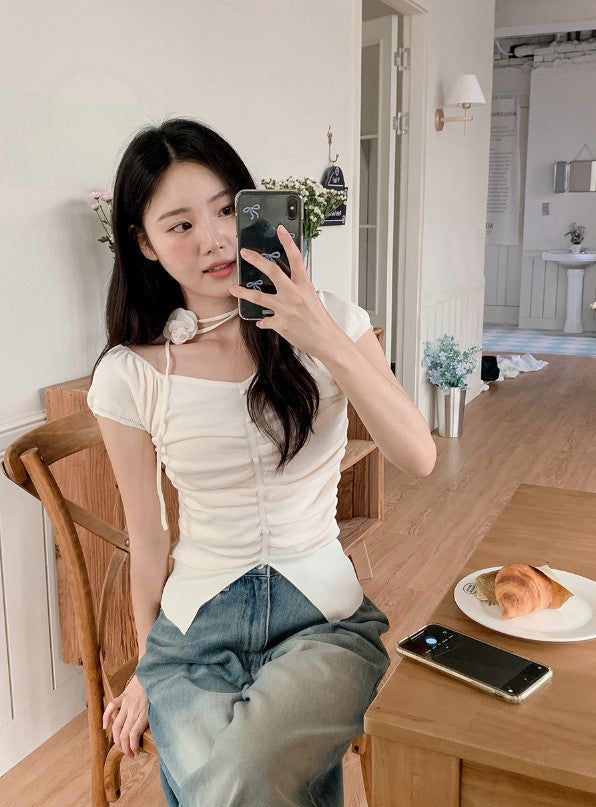 #Rose Off Shoulder Slit Short Sleeve Knit (3color)
