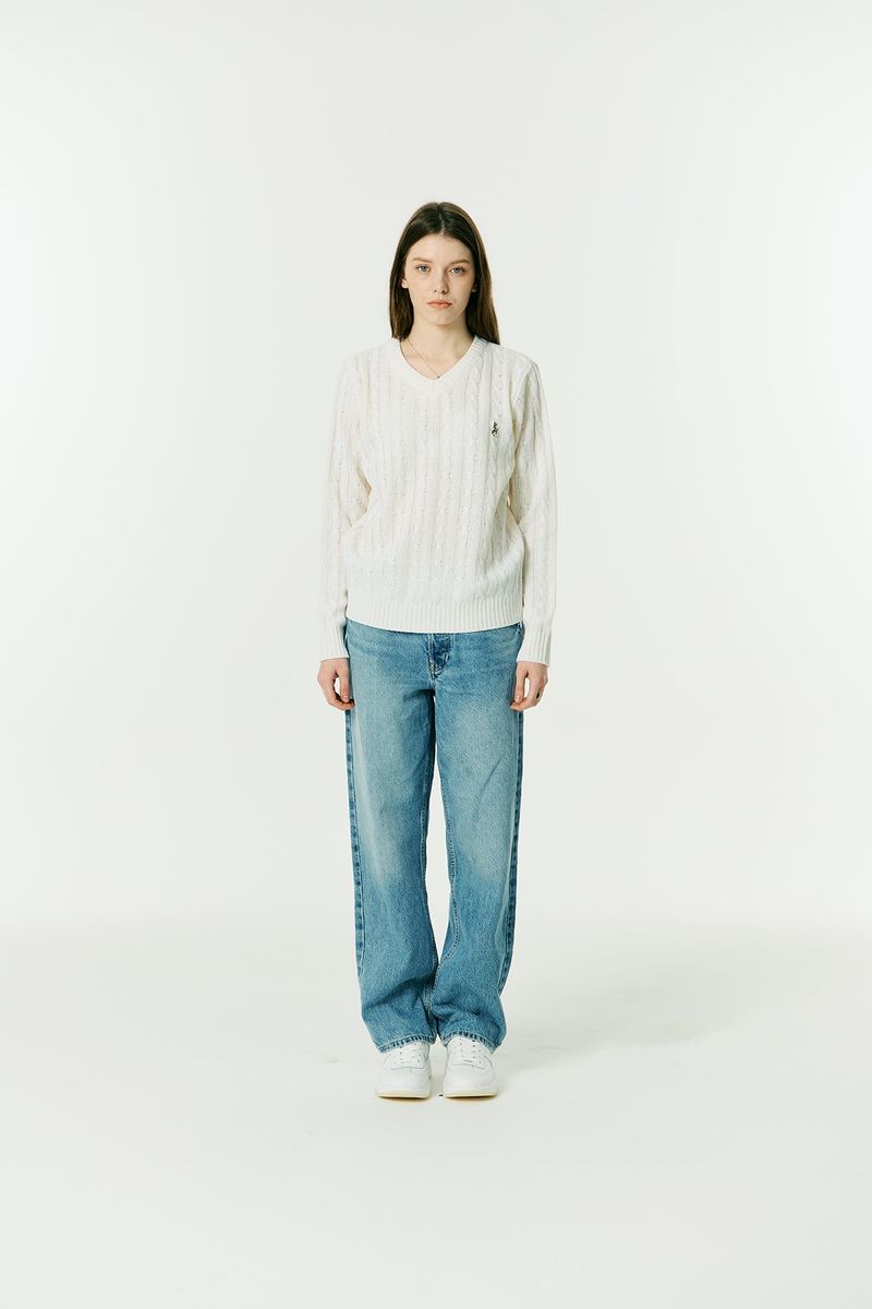 RCH mark v neck cable knit sweater Ivory