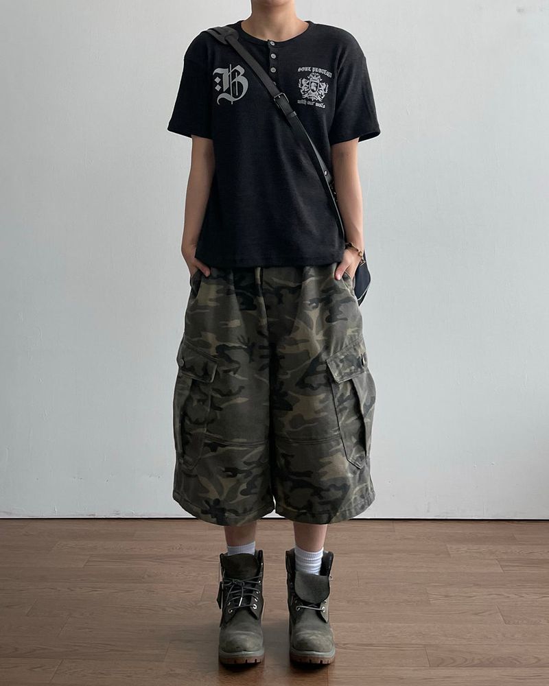 Shield Henley neck Waffle Short Sleeve T
