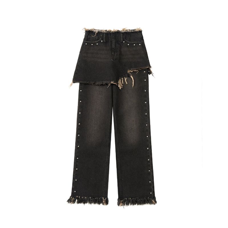 STUD DENIM SKIRT LAYERED PANTS (BLACK)