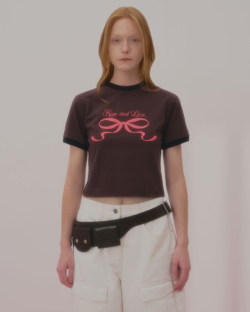LOVE RIBBON RINGER TSHIRT-BROWN