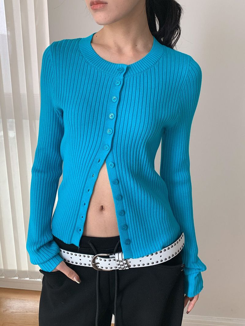 dereborujo（ドレボルゾー）の「Chewing Ribbed Button Round Neck Long Sleeve Cardigan（Tops）」