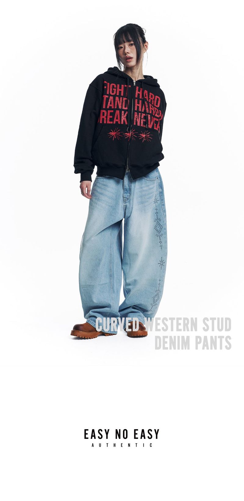 Curved Western Stud Denim Pants - Light Blue