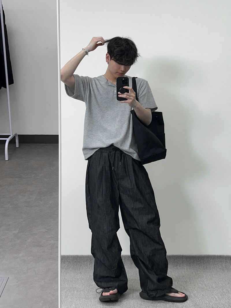 ワッフルヘンリーネックハーフTシャツ