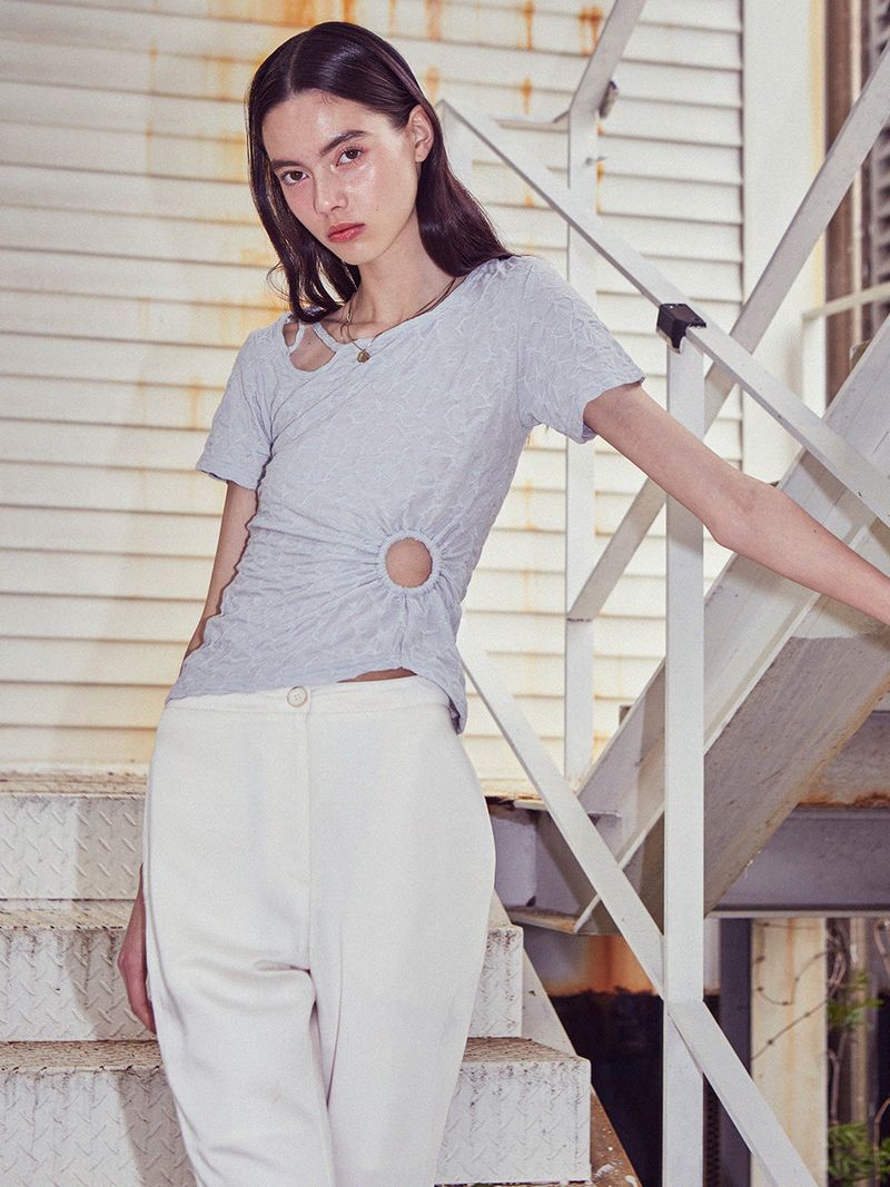  [LINE] Hole Shirring Strap T-shirt (Lightgray)